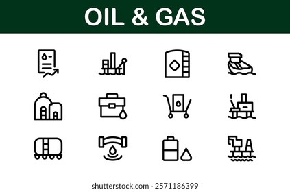 Modern Oil and Gas Icon Set. Minimalist, Professional Energy and Industry Illustrations for Petroleum, Refineries, and Exploration Projects.