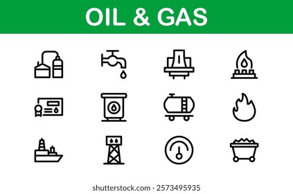 Modern Oil and Gas Icon Set. Minimalist, Professional Energy and Industry Illustrations for Petroleum, Refineries, and Exploration Projects.