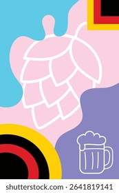Modern Oktoberfest Background with Beer Mug and Hop Outline. Minimalist flat vector illustration featuring abstract background with hop cone outline, beer mug icon, and German flag color elements.