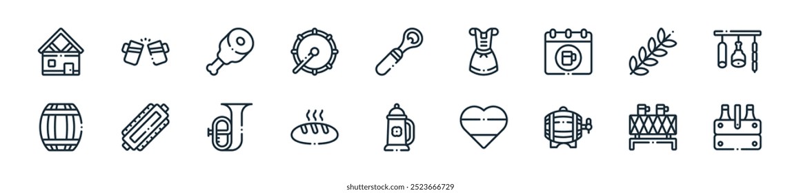 modern oktoberfest icon pack. perfect for linear ui designs featuring vector beer, table, barrel, germany, beer mug, bread, tuba and more icons for mobile and web apps.