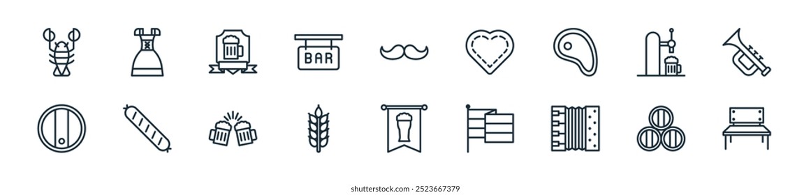 modern oktoberfest icon pack. perfect for linear ui designs featuring vector bench, beer keg, accordion, german flag, pub, wheat, cheers and more icons for mobile and web apps.