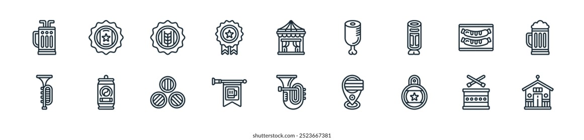 modern oktoberfest icon pack. perfect for linear ui designs featuring vector house, drum, beer cap, location, tuba, flag, barrel and more icons for mobile and web apps.