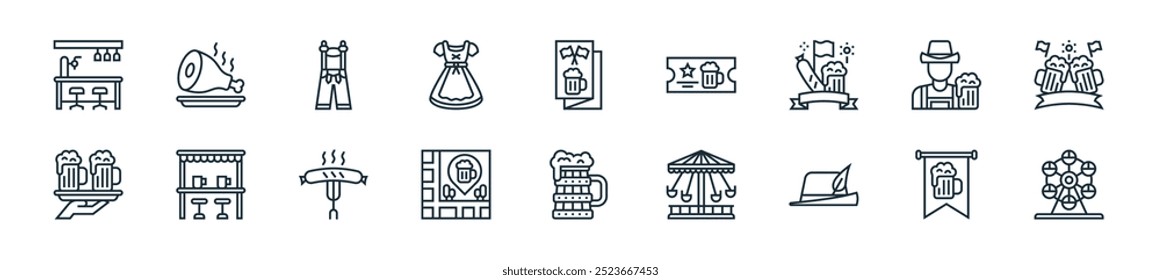 modernes Oktoberfest Icon Pack. perfekt für lineare ui Designs mit Vektorrad, Wimpel, Hut, Karussell, Bier, Karte, Wurst und mehr Symbolen für mobile und Web-Apps.