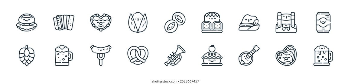 Icono moderno de Oktoberfest: perfecto para diseños de IU lineales con Vector de cerveza, carne, banjo, pastel, et, pretzel, salchichas y más iconos para App móviles y de Web.