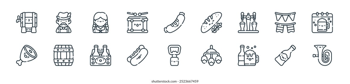 modern oktoberfest icon pack. perfect for linear ui designs featuring vector tuba, beer, beer, chandelier, bottle opener, hotdog, beer and more icons for mobile and web apps.