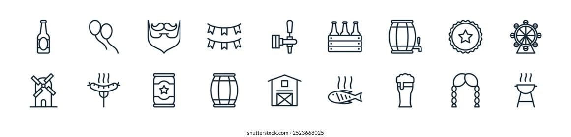 modern oktoberfest icon pack. perfect for linear ui designs featuring vector grill, braid, beer, fish, barn, beer keg, beer can and more icons for mobile and web apps.