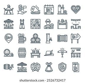 modern oktoberfest icon pack. perfect for linear ui designs featuring vector brochure, protect, dirndl, pretzel, carousel and more icons.