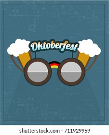 Modern oktoberfest logo design with beer mugs glasses. Vector poster design. Vector illustration on the turquoise background with grunge texture. Eps 10