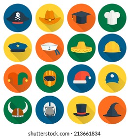 Modern and old caps flat icons set with policeman builder chef hats isolated vector illustration