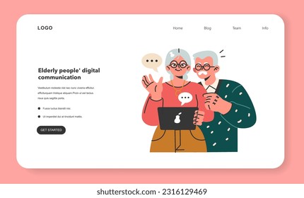 Modern old characters using internet and computer web banner or landing page. Seniors confidently using a digital device for communication by video calls. Social networking. Flat vector illustration