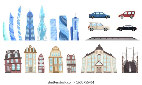 Modern and old city buildings set, town architecture vector Illustration. Collection of isolated houses and cars, urban cityscape. Residential buildings in downtown, skyscraper towers of metropolis