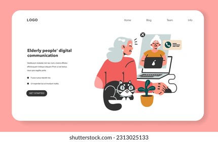 Modern old female character using internet and computer web banner or landing page. Person in senior age confidently using a laptop for communication and internet surfing. Flat vector illustration