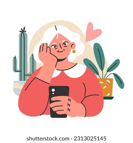Personaje femenino antiguo y moderno usando internet y teléfono móvil. Persona de mayor edad que usa con confianza un smartphone para la comunicación y el surf en Internet. Ilustración vectorial plana