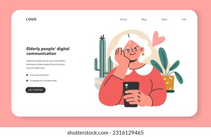Moderne alte weibliche Figur mit Internet- und Handy-Web-Banner oder Landing-Page. Person im höheren Alter vertrauensvoll über ein Smartphone für Kommunikation. Flache Vektorgrafik