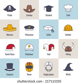 Modern and old hat and caps flat line icons set isolated vector illustration