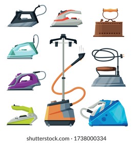 Modern and Old Irons and Cloth Steamer Collection, Household Appliances, Electric Ironing Clothes Devices Vector Illustration