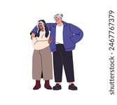 Modern old lesbian couple standing, hug together. Senior women embrace, cuddle. Aged homosexual ladies love each other. Happy LGBT relationship. Flat isolated vector illustration on white background