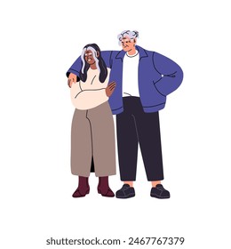 Modern old lesbian couple standing, hug together. Senior women embrace, cuddle. Aged homosexual ladies love each other. Happy LGBT relationship. Flat isolated vector illustration on white background