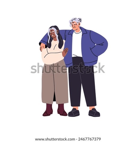 Modern old lesbian couple standing, hug together. Senior women embrace, cuddle. Aged homosexual ladies love each other. Happy LGBT relationship. Flat isolated vector illustration on white background