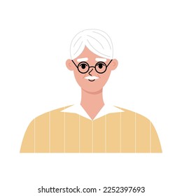 Modern old man portrait flat. Nice elderly male gray-haired character wearing glasses and yellow shirt . face, head portrait. Hand drawn vector illustration isolated on white background.