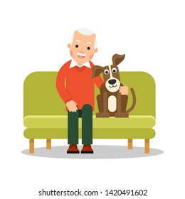 Modern old man sitting on couch next to him is a dog. Retirement concept. Leisure pensioner. Senior with adorable pet. Flat design. Cartoon illustration isolated white background.
