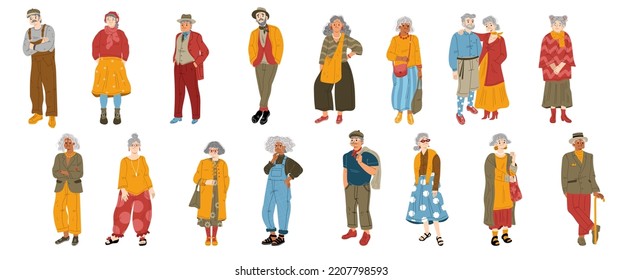 Modern old people flat vector illustration set. Collection of elegant senior men, women wearing colorful stylish clothes. Elderly characters posing in fashionable outfit isolated on white background