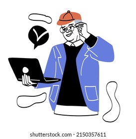 Modern old people. Grandfather in glasses holds laptop with one hand, gadgets and devices, modern technologies. Internet communication, social networks and video call. Cartoon flat vector illustration
