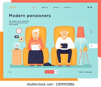 Modern old people, pensioners with gadgets. Landing page. Website Template.