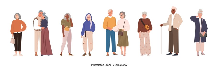 Modern old people and senior couples set. Happy stylish retired man and woman wearing modern clothes elderly people flat cartoon characters. Vector grandmother grandfather in fashionable outfits. 