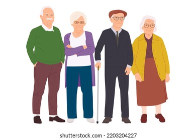 Modern old people and senior couples set. Stylish elderly man and woman in fashion casual clothing. Happy aged person in fashionable outfit. Flat vector illustration isolated on white background