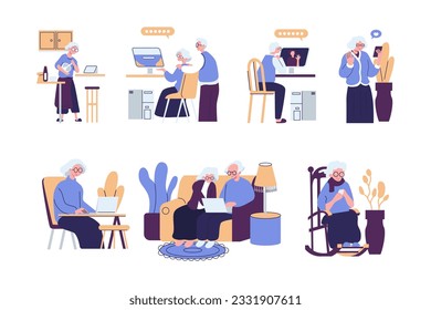 Los ancianos modernos usan internet, teléfonos móviles, computadoras. Hombres mayores, mujeres, pareja con smartphone, laptops. Generación de ancianos en línea. Ilustración vectorial gráfica plana aislada en fondo blanco
