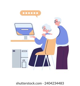 Modern old people using internet, mobile phones, computers. Senior men, women, couple with smartphone, laptops. Elderly generation online. Flat graphic vector illustration isolated on white background