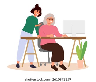 Modern old people using internet, computers. Senior woman with computer. Young people help old woman with computer. Elderly generation online.Vector illustration.