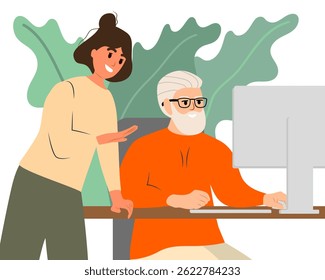 Modern old people using internet, computers. Senior man with computer. Young people help old man with computer. Elderly generation online.Vector illustration.