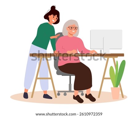 Modern old people using internet, computers. Senior woman with computer. Young people help old woman with computer. Elderly generation online.Vector illustration.