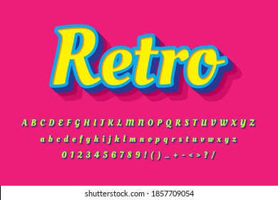 Modern old pop art font effect, 90's design style, alphabet letters and numbers, vector illustration