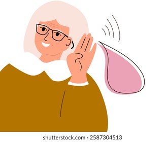 Modern old senior woman. Deafness concept. Elderly Woman holds his hand near her ear. Woman listening or hearing intently. Vector illustration.