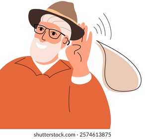 Modern old senior man. Deafness concept. Elderly Man holds his hand near her ear. Man listening or hearing intently. Vector illustration.