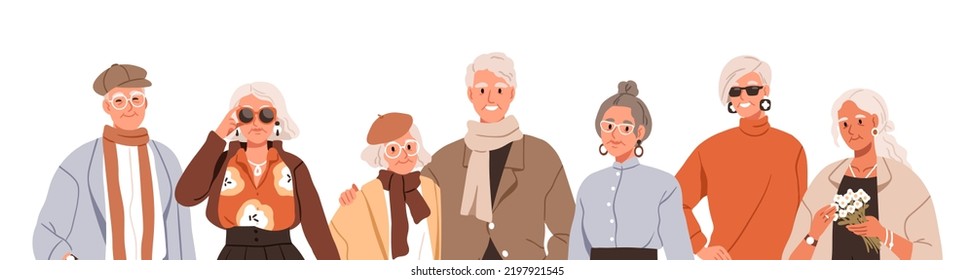 Modern old senior people. Happy elderly men, women in fashion stylish clothes, apparels. Group portrait of trendy aged retired characters. Flat graphic vector illustration isolated on white background