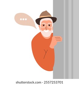 Modern old senior man. Happy elderly curious person looking from behind door. Trendy aged retired character. Old man peeping, watching and spying on someone. Vector illustration 