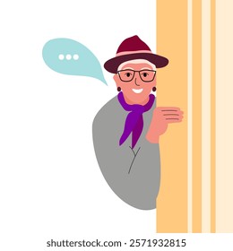 Modern old senior woman. Happy elderly curious person looking from behind door. Trendy aged retired character. Old woman peeping, watching and spying on someone. Vector illustration 