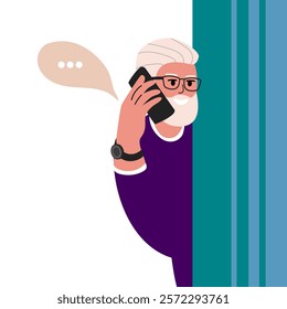 Modern old senior man. Happy elderly curious person looking from behind door holding phone. Trendy aged retired character. Old man peeping, watching and spying on someone. Vector illustration 