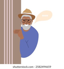 Modern old senior man. Happy elderly curious person looking from behind door. Trendy aged retired character. Old man peeping, watching and spying on someone. Vector illustration. 