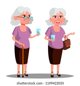 Modern Old Woman With A Glass In Her Hand Vector. Isolated Illustration
