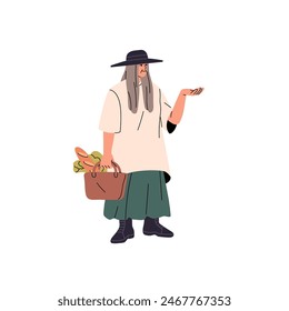 Modern old woman in wide brim hat holds shopping bag. Stylish senior lady carries vegetables, groceries. Fashion pensioner wearing trendy outfit. Flat isolated vector illustration on white background