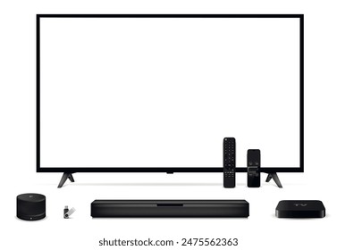 Modern oled tv with remote control, sound bar, tv set-top box, smart speaker, usb flash drive