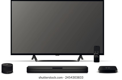 Modern oled tv with sound bar, tv set-top box and smart speaker