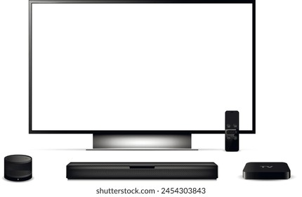 Modern oled tv with sound bar, tv set-top box and smart speaker