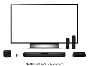 Modern oled tv with sound bar, tv set-top box, smart speaker, remote control and usb flash drive