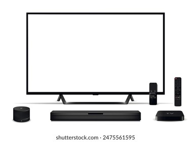 Modern oled tv with sound bar, tv set-top box, smart speaker and remote control